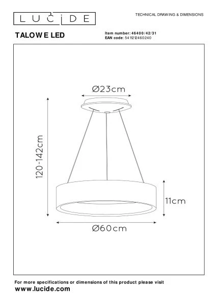 Lucide TALOWE LED - Suspension - Ø 60 cm - LED Dim. - 1x39W 3000K - Blanc - TECHNISCH